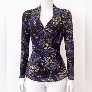Karen Kane Sheer Top Size L
Purple, Black & Beige w/ Wrap Front
Shirred at Side